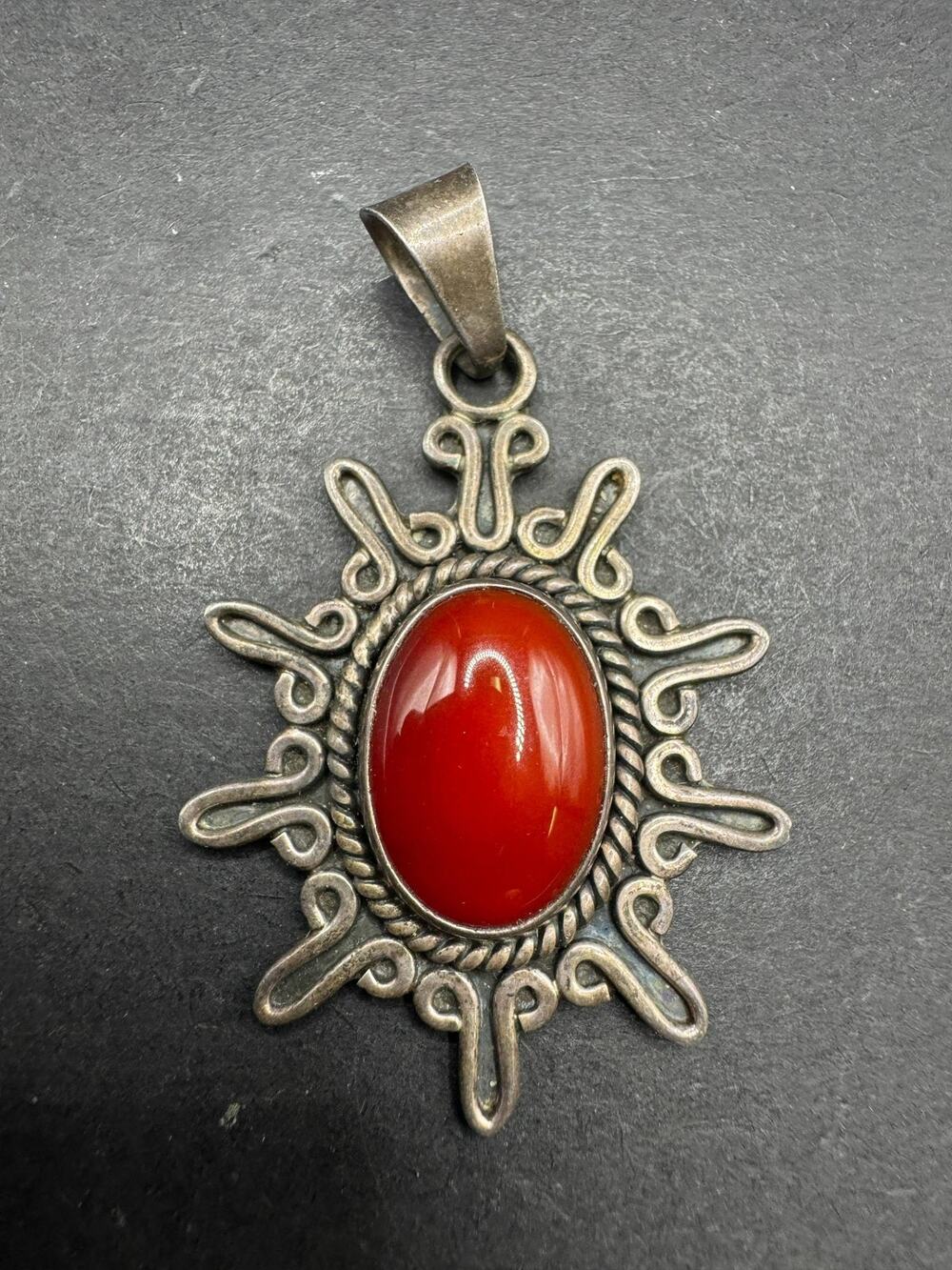 CII Mexico 925 Sterling Silver Sunburst Pendant Red Stone Southwestern Jewelry